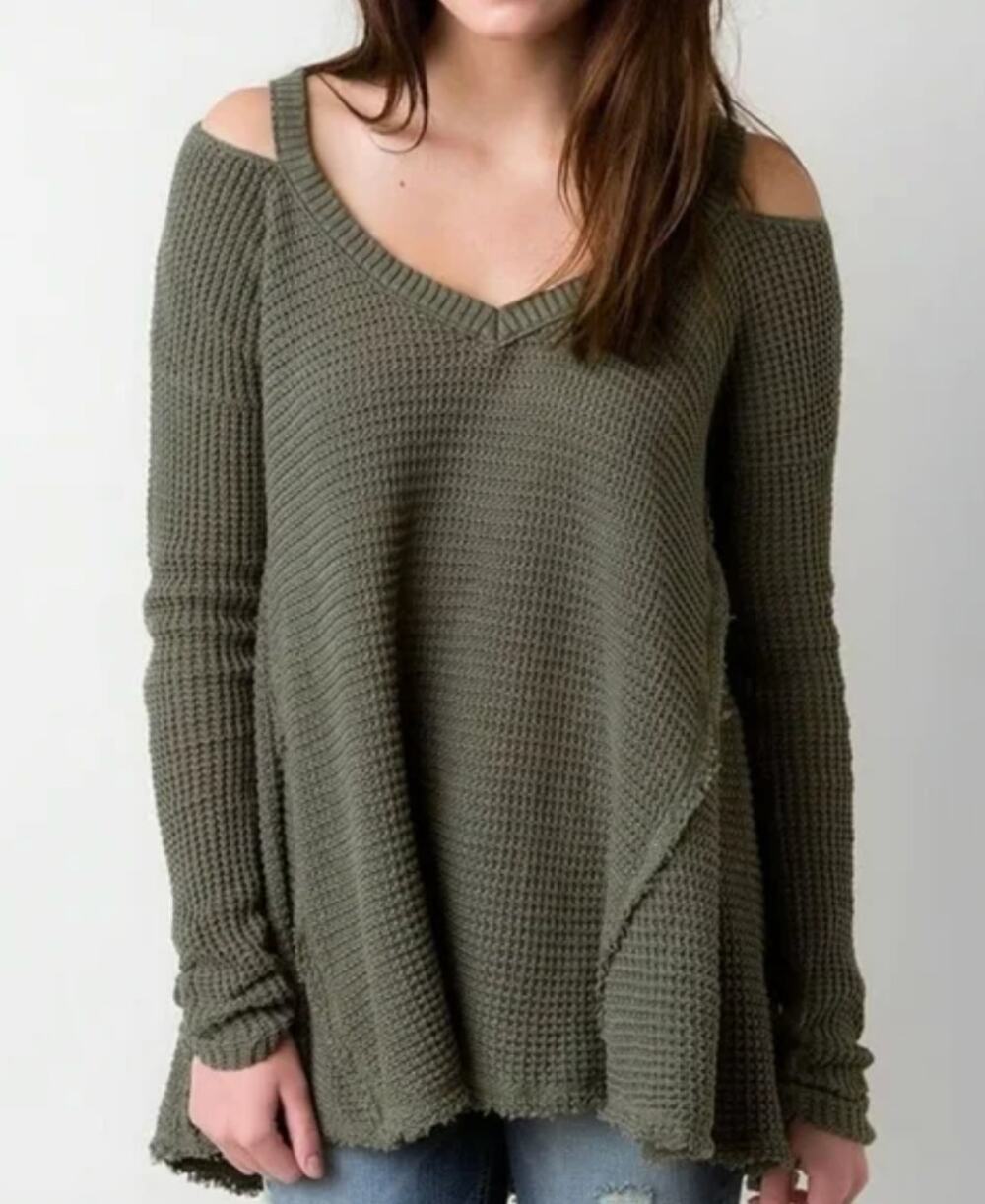 Free People Womens Moonshine Cold Shoulder Hi-Lo V-Neck Olive Green Sweater XS